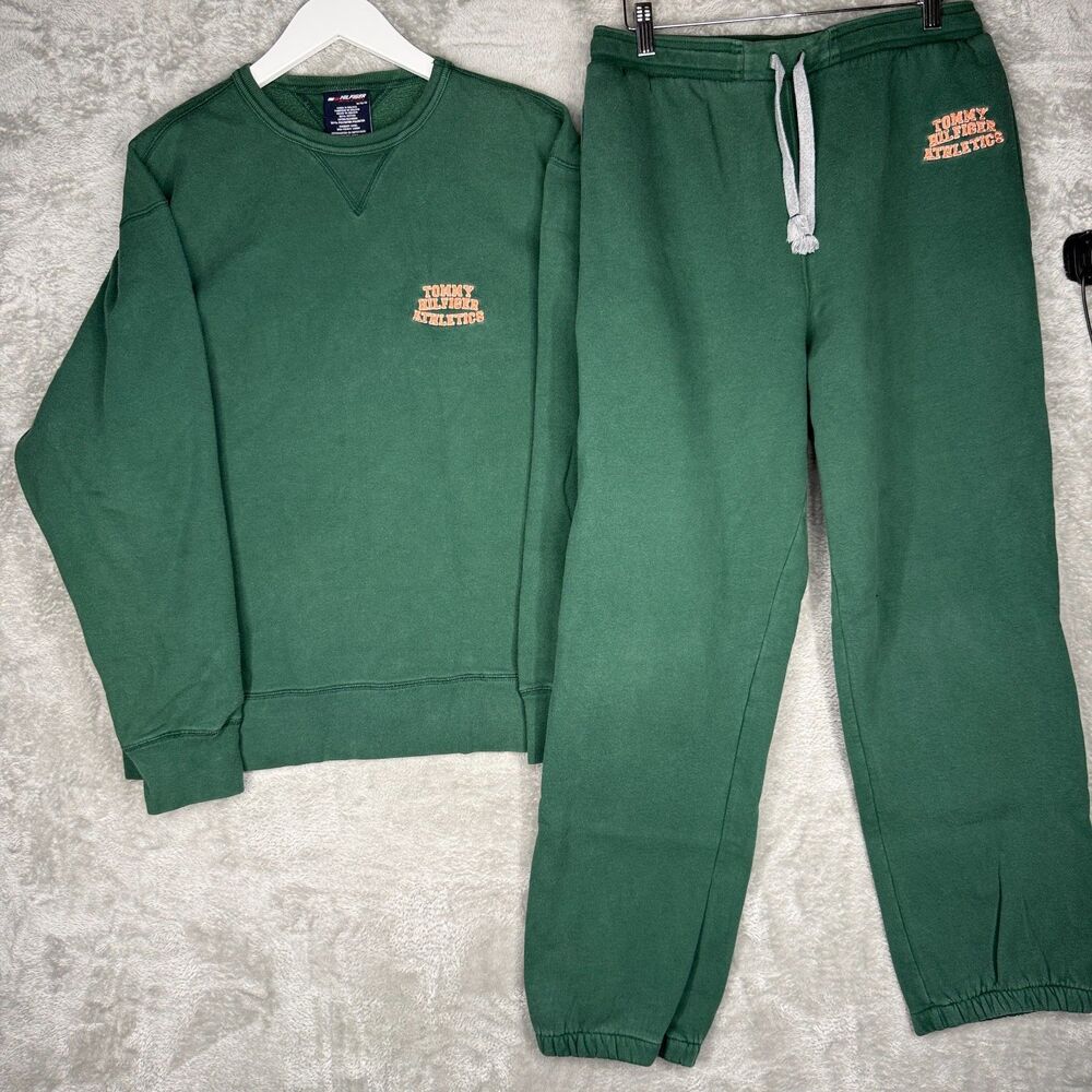 Vtg Tommy Hilfiger Sweat Suit Mens Medium/Small Green Sweatpants Sweatshirt Crew